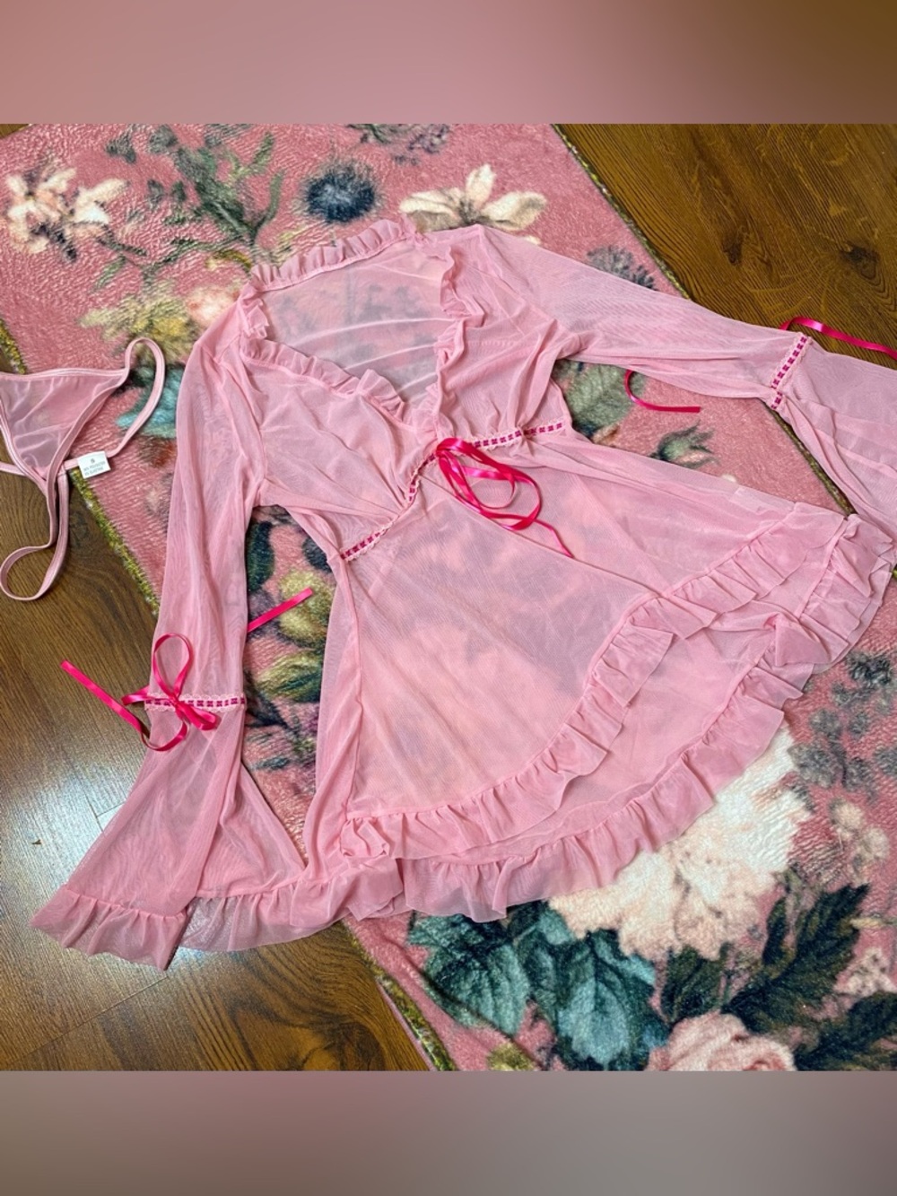🎀🌷 NWT Sheer Pink Ruffle Babydoll Chemise with Satin Ties & Thong 🌷🎀